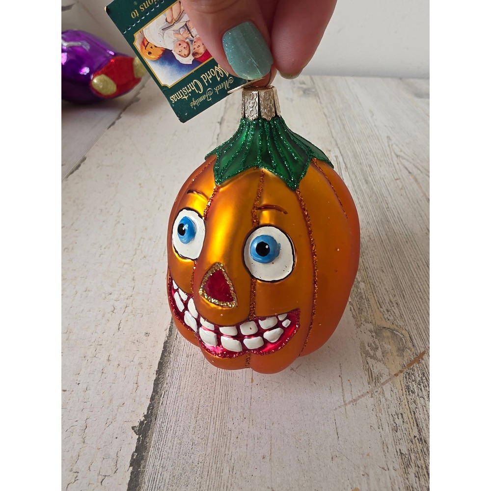 Vintage OWC old world jack-o'-lantern pumpkin glitter orange Halloween ornament